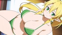 1girls :o aegis_elysium ai ai-generated ai_art ai_generated alfheim_online ass bandai_namco bed bed_sheet bikini blonde_hair blush blushing_at_viewer bra breasts camera_view cleavage curtain curtains earrings elf elf_ears fairy female female_focus floor gem green_eyes hair_ornament headpiece highres holding horny huge_breasts indoors jewelry kirigaya_suguha large_breasts leafa long_hair looking_at_viewer looking_up lying navel on_bed ponytail ribbon room skirt solo solo_focus sword_art_online thick_breasts thick_thighs thighs tiara very_long_hair wall wall_(structure) watermark wet window windows wood wooden_floor