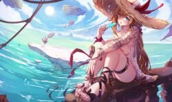 admiral_bahroo bangs beach blue_eyes blush breasts cloud day dutch_angle eating female food hat holding holding_food horizon ice_cream long_hair looking_at_viewer ocean outdoors popsicle ribbon sandals seagull sitting sky solo sun_hat swimsuit tagme thigh_strap toes very_long_hair water