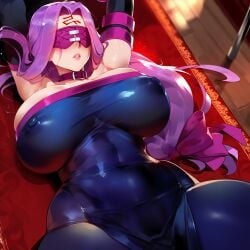 1girls ai_generated arms_up blindfold breasts cleavage collar covered_navel covered_nipples detached_sleeves dress elbow_gloves facial_mark facing_viewer fate/stay_night fate_(series) forehead_mark fourina huge_breasts large_breasts lips long_hair mature_female medusa_(fate) parted_lips purple_hair rider solo strapless strapless_dress sweat very_long_hair