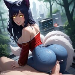 1boy ahri ai_assisted ai_generated anal animal_ears artist_name artist_request ass ass_focus bare_shoulders bent_over black_hair breasts cum denim doggy_style female fox_ears from_behind glowing_eyes jeans large_breasts league_of_legends long_hair looking_at_viewer multicolored_hair outdoors pants penis pov red_shirt sex sex_from_behind shirt solo_focus straight tail torn_pants yellow_eyes