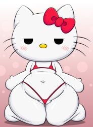 2025 absurd_res anthro bedroom_eyes belly bikini black_eyes blush cel_shading clothing colored digital_media_(artwork) domestic_cat felid feline felis female flat_chested front_view genitals hello_kitty_(character) hello_kitty_(series) hi_res kneeling looking_back mammal narrowed_eyes navel no_pupils pink_background pussy red_bikini red_bikini_bottom red_bikini_top red_bow red_clothing red_swimwear sanrio seductive shaded simple_background slightly_chubby slightly_chubby_anthro slightly_chubby_female solo swimwear thick_thighs tight_clothing two-piece_swimsuit whiskers white_body white_ears yellow_nose zinzoa