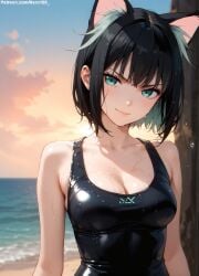1girls 2d ai_generated ass athletic athletic_female bare_shoulders beach belly black_hair cat_ears cat_girl cat_tail chest cleavage curvy curvy_figure cute cute_face detailed eyelashes eyeshadow female female_only fit fit_female focus green_eyes high_quality hips isekai_shikkaku legs light-skinned_female light_skin lips lipstick looking_at_viewer makeup mascara medium_breasts medium_hair midriff navel one-piece_swimsuit outdoors pale-skinned_female pale_skin perky_breasts petite_ petite_body posing seductive seductive_look short_hair skinny skinny_girl slim stable_diffusion swimsuit swimwear tagme tama_(isekai_shikkaku) teenager thighs thin_waist