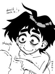 ambiguous_gender animal_genitalia animal_penis blush blush_lines canine canine_genitalia canine_penis dark_hair english_text femboy feral feral_on_femboy feral_on_human interspecies male messy_hair monochrome offscreen_character original original_character sheath short_hair staring_at_penis sweat sweatdrop sweating thick_eyebrows zoo zoophilia