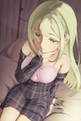 1girls absurdres arm_behind_back armpit_crease bang_dream! bang_dream!_it's_mygo!!!!! bare_shoulders bed black_dress blunt_bangs breasts camisole closed_mouth clothes_pull collarbone commentary_request dress dress_pull expressionless frilled_pillow frills green_hair hair_behind_ear hair_ornament hairclip hand_on_own_neck hand_up highres indoors knees_out_of_frame lace-trimmed_camisole lace_trim light_particles long_hair long_sleeves looking_ahead medium_breasts nanafuku no_shoes on_bed pillow pink_camisole pink_ribbon plaid_clothes plaid_dress ribbon shade sitting socks solo spaghetti_strap wakaba_mutsumi wariza white_socks yellow_eyes
