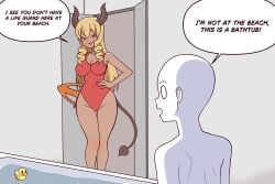 anonymous_male bathtub bathtub_lifeguard_(meme) blonde_hair charlotte_the_succubus lifeguard lifeguard_swimsuit meme oc original original_character red_swimsuit rubber_duck smile succubus succubus_horns succubus_tail swimsuit teliodraw text the_city_of_reygarth