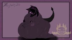 anthro belly big_belly big_breasts biped bodily_fluids breasts caressing fangs female female_anthro glowing glowing_hair hair hi_res horn huge_belly hyper hyper_belly hyper_pregnancy lactating lying magdalene_choires monstermotif neck_tuft on_front piercing pregnant pregnant_anthro pregnant_female scar scars_all_over simple_background solo tail teeth thick_tail tuft voidling