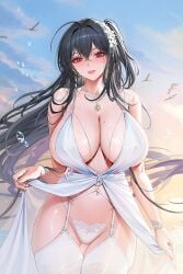 azur_lane backlighting beach bird black_hair blush bracelet breasts cleavage cocktail_dress cowboy_shot crossed_bangs dress earrings evening_gown female garter_straps gluteal_fold hair_between_eyes hair_ornament jewelry large_breasts long_hair looking_at_viewer mole mole_on_breast necklace official_alternate_costume outdoors panties parted_lips red_eyes ring side_ponytail sidelocks signature smile solo standing taihou_(azur_lane) taihou_(temptation_on_the_sea_breeze)_(azur_lane) thighhighs tsuki_no_i-min underwear very_long_hair water water_drop white_dress white_panties white_thighhighs