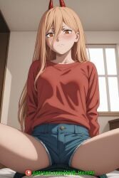 1girls ahq_hentai ai_generated bed bedroom chainsaw_man female medium_breasts patreon perfect_body pov power_(chainsaw_man) sexy shorts sitting_on_person stable_diffusion t-shirt
