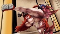 anal anal_sex anthro bodily_fluids breasts female female/female group hair hi_res horn humanoid male male/female nude_female_clothed_male off_the_ground penetration red_hair reptile scalie silverfishnsfw_(artist) size_difference smaller_female smaller_male tail trio zentreya