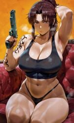 ai_art ai_generated bigbizarts black_lagoon black_panties black_tank_top brown_eyes brown_hair curvy female gun holding_weapon light-skinned_female ponytail revy revy_(black_lagoon) sitting tattoo