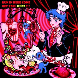 2boys absurdres blood blue_hair blush cannibalism chef_hat corpse decapitation dio_brando feline guro hat heart highres intestines jojo_no_kimyou_na_bouken jonathan_joestar kasanemichael male_focus multiple_boys necktie phantom_blood smile suit tongue tongue_out