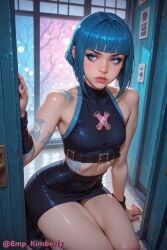 1girls ai_generated arcane blue_eyes blue_hair clothed emp_kimberly female female_only jinx_(arcane) jinx_(league_of_legends) kneeling league_of_legends looking_at_viewer pencil_skirt powder_(arcane) skirt