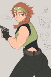 1girls ass australian bandana bloopyboi breasts female gloves green_eyes handgun jacket jeans long_hair medium_breasts muscular muscular_female orange_hair piercing ponytail skye_(valorant) sweat sweater valorant white_body white_skin