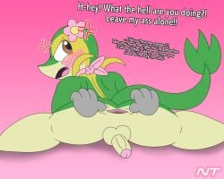 ambiguous_gender angry anthro anus ass balls basil_ajagar biped blush blush_lines brown_eyes butt_grab cross-popping_vein dialogue disembodied_hand duo erection fan_character gaping gaping_anus generation_5_pokemon genitals green_body grope groping_from_behind hand_on_butt head_flower hi_res humanoid_genitalia humanoid_penis looking_at_viewer looking_back lying male male/ambiguous male_anthro male_focus multicolored_body ninjatreecko nintendo nude nude_anthro nude_male on_front on_ground open_mouth penis penis_backwards pink_scarf pokemon pokemon_(species) pokemorph questionable_consent rear_view reptile scalie scarf snivy solo_focus spread_anus spread_legs spreading tail talking_to_viewer tan_legs