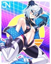 admiral_bahroo areolae arm_behind_head bare_shoulders black_hair blue_eyes blush breasts eyewear_on_head female gloves hair_between_eyes heart jacket looking_at_viewer medium_breasts multicolored_hair navel nipple_slip nipples pussy short_hair smile solo tagme thighhighs white_hair