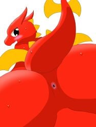 2023 anthro anus ass backsack balls big_butt blush blush_lines bodily_fluids dragon drain_scat embarrassed genitals hi_res looking_back lucky_(msi) male msi mythological_creature mythological_scalie mythology nervous nude open_mouth presenting presenting_anus rear_view red_body red_tail reptile scalie simple_background solo sweat tail teeth wings yellow_wings