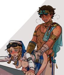1boy 1girls annie_lester ass blonde_hair blue_eyes blush blushing breasts breasts_out brown_hair clothed fishnet fishnet_topwear ganji_gupta goggles identity_v medal medallion medium_breasts mory_idv nipples open_mouth saliva sex sex_from_behind short_hair standing_sex sweat