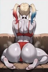 ai_generated arched_back ass back_view big_ass blonde_female blonde_hair blue_highlights bra bubble_butt choker curvaceous curvaceous_female dc dc_comics dumptruck_ass faprunner78 fat_ass feet hair_accessory harley_quinn hips kneeling kneeling_on_sofa lingerie long_hair looking_forward oiled oiled_ass oiled_body oiled_skin pale-skinned_female pale_skin panties plump_ass red_highlights red_lingerie round_ass slim_girl slim_waist steam steaming_body thick_thighs thighs tied_hair toes villainess waist