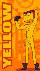 arms_up boots cube_(yellow) gloves humanoid male_only naked nude_male penis posing robed skinny smiling standing the_heist