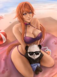 admiral_bahroo artist_name ball bangs bare_shoulders beach beach_towel beach_umbrella beachball bikini blue_eyes breasts canine choker cleavage closed_mouth criss-cross_halter cup day drinking_glass female hair_between_eyes halterneck large_breasts lips long_hair looking_at_viewer orange_hair purple_bikini realistic sand sitting smile solo sunglasses swimsuit tagme towel umbrella watermark yokozuwari