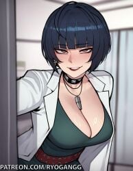 1female 1girls 2d 2d_(artwork) ai_generated blue_hair brown_eyes choker cleavage cleavage_cutout dark_blue_hair doctor dress lab_coat labcoat light-skinned_female light_skin patreon patreon_username persona persona_5 ryogangg smirk smirking tae_takemi