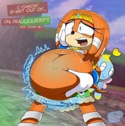 after_vore anthro belly big_belly bodily_fluids burping chao_(sonic) chaos_(sonic) dialogue duo female goldenpieces hi_res male male/female oral_vore sega sonic_(series) sonic_adventure sonic_the_hedgehog_(series) speech_bubble stomach_bulge sweat tikal_the_echidna unwilling_pred vore