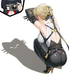 2girls absurdres armwear ass astra_yao asymmetrical_gloves backless_outfit bare_shoulders bird's-eye_view black_armwear black_bow black_gloves black_hair black_pants black_ribbon black_shoes blonde_hair blush blush_lines bow braid braided_bun braided_ponytail breasts bun butterfly_hair_ornament camera cat_shadow_puppet_(meme) clothed clothed_female commentary crouching crouching_female curvaceous curvy curvy_female curvy_figure ear_blush elbow_gloves evelyn_chevalier female female_focus female_only gloves grin hair_bun hair_ornament hairbow hairbun heels hi_res high-angle_view high-waist_pants high_heels high_resolution highres holding_object holding_phone kkuni large_breasts latex_pants light-skinned_female light_skin long_gloves long_ribbon meme meme_reference multiple_girls pants phone pose posing reference ribbon ring_hair_ornament shadow shadow_puppet shirt shoes short_hair shoulder_blush sideboob simple_background single_elbow_glove smile solo solo_female solo_focus squatting sweatdrop symbol-only_commentary tagme taking_photo taking_picture thick_thighs thighs uneven_gloves viewed_from_above voluptuous voluptuous_female white_background zenless_zone_zero