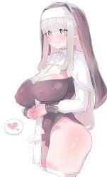 blunt_bangs blush breasts capelet cleavage clothing_cutout covered_navel covered_nipples cowboy_shot emanonta female futanari heart highres huge_breasts long_hair long_sleeves nipples nun original penis see-through_clothes smile solo standing thighhighs white_background white_hair white_thighhighs