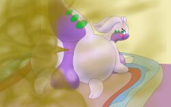 2018 anthro anus ass balls bed bedroom big_balls big_butt blush blush_lines breasts dragon drain_scat fart fart_cloud farting_at_viewer feet furniture generation_6_pokemon genitals glistening glistening_body goodra green_eyes gynomorph hi_res inside intersex looking_at_viewer looking_back mythological_creature mythological_scalie mythology nintendo non-mammal_breasts nude pokemon pokemon_(species) presenting presenting_anus presenting_hindquarters rear_view scalie solo tail tongue