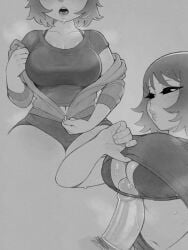 1boy 1girls bra clothed_female_nude_male female freckles kim_pine madabalone monochrome paizuri scott_pilgrim sketch sweat sweaty unzipped
