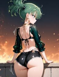 1girls ai_generated ass back_view bikini clothed curly_hair green_eyes green_hair legs one-punch_man short_hair shorts tatsumaki tied_hair