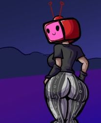 1girls antenna ass ass_focus background big_ass black_eyes black_shirt chetoh female female_only gloves hands_on_hips looking_back looking_back_at_viewer night oc original original_character pants pink_screen smile smiling_at_viewer thick_ass tv tv_head