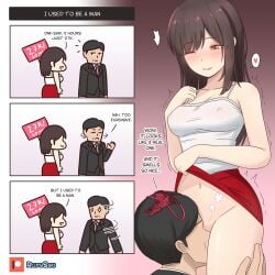 1boy 1futa black_hair blush blushing_futa brown_hair brunette_hair business_attire business_man business_suit futanari gender_transformation heart implied_deepthroat implied_futanari implied_transformation intersex light-skinned_futa light-skinned_futanari light_skin long_hair mti_transformation orange_eyes original original_character original_characters red_skirt rudy_saki short_hair sparkles tremble_lines tremble_spikes trembling tsf_4-koma