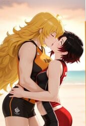 2girls ai_generated black_hair blonde_hair female_only incest long_hair ruby_rose rwby short_hair sisters tagme yang_xiao_long yuri