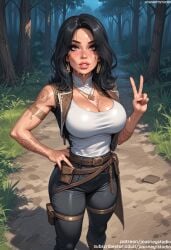 ai_generated arm_tattoo armlet bangs bare_shoulders belt black_hair black_pants blush boots bracelet breasts brown_eyes brown_vest clair_obscur:_expedition_33 cleavage clothing day denim earrings facial facial_tattoo female female female_only footwear forehead forest grass hand_on_hip hand_on_own_hip holster jewelry jousneystudio jungle large_breasts lips long_hair looking_at_viewer lune_(clair_obscur:_expedition_33) makeup mole nature necklace open_clothes original outdoors pants parted_lips pendant piercing plant pouch shirt sleeveless smile solo standing sweat tank_top tattoo thick_thighs thighs tree v vest white_shirt