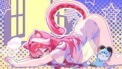 all_fours animal_ear_fluff animal_ears ass blush bottomless breasts cat_ears cat_tail female hololive hololive_english hololive_english_-justice- large_breasts long_hair looking_at_viewer no_bra pink_hair raora_panthera see-through shirt solo stuffed_animal stuffed_toy t-shirt tagme tail top-down_bottom-up wet wet_clothes wet_shirt white_shirt yellow_eyes