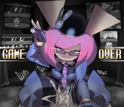 1boy 1girls box_(captainkirb) bunny_ears bunny_girl bunnysuit captain_kirb clothed_female_nude_male clothing cowgirl_position cum cum_in_pussy cum_inside defeated female femdom glasses hetero male male_pov nude nude_male original png pov sex shortstack smile smug straight straight_sex sweat sweatdrop sweaty_body text thick_thighs vaginal_penetration wide_hips