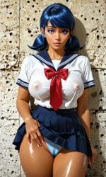 1girls ai_generated bare_arms bare_legs bare_thighs blue_eyes blue_hair cameltoe disney disney_channel eyebrows eyelashes eyeliner eyeshadow female g-string hi_res ladybug_(character) large_ass large_breasts leaning_against_wall long_fingernails looking_at_viewer marinette_cheng marinette_dupain-cheng miraculous:_tales_of_ladybug_and_cat_noir miraculous_ladybug nipples_visible_through_clothing petite petite_body petite_female school_uniform seductive_smile shiny_skin skirt skirt_lift solo solo_female solo_focus standing t-shirt tanned-skinned_female tanned_skin thick_thighs twintails waifufamily