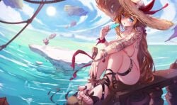 admiral_bahroo bangs beach blue_eyes blush breasts cloud day dutch_angle eating female food hat holding holding_food horizon ice_cream long_hair looking_at_viewer nail_polish ocean outdoors popsicle ribbon sandals sitting sky solo sun_hat swimsuit tagme thigh_strap toes very_long_hair water wrist_ribbon