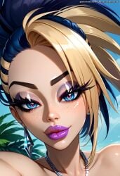 ai_generated akali bare_shoulders beautiful bimbo bimbo_lips blue_eyes close-up close_up collarbone cute cute_face dark_hair eyebrows eyelashes eyeshadow freckles k/da_akali k/da_all_out_series k/da_series league_of_legends makeup mastarblastar multicolored_hair necklace ponytail pose posing posing_for_the_viewer purple_lipstick selfie selfie_pose smile smiling smiling_at_viewer smug smug_face tagme topless tropical