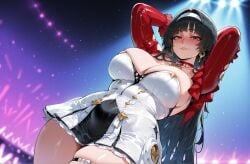 1girls ai_generated armpits arms_behind_head arms_up astra_yao bangs bare_shoulders black_hair blunt_bangs blush breasts choker cleavage closed_mouth clothing covered_navel curvaceous curvaceous_female curvaceous_figure curvy curvy_figure dress earrings female female female_focus female_only frills gloves glowstick hairband headwear huge_breasts inviting inviting_to_sex jacket jewelry large_breasts legwear lips long_hair long_sleeves looking_at_viewer looking_down miyuai navel night open_clothes presenting presenting_ass presenting_breasts presenting_hindquarters presenting_self red_eyes seductive seductive_look seductive_smile skindentation skirt sky smile solo standing thick_thighs thigh_strap thighhighs thighs voluptuous voluptuous_female white_dress white_hairband zenless_zone_zero