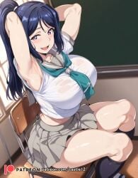 1girls absurd_res ai_generated armpits blue_hair castle12 collarbone female female_only large_breasts long_hair love_live! love_live!_sunshine!! matsuura_kanan necktie ponytail purple_eyes schoolgirl shirt sitting sitting_on_chair skirt smile socks solo thick_thighs thighs