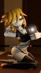 1girl camera_flash female hand_behind_head looking_at_viewer mimi_sentry on_bed on_knees phone pose robot robot_girl selfie selinestudio sharp_teeth smiling smiling_at_viewer solo solo_female team_fortress_2 yellow_hair