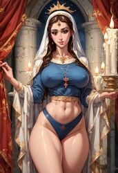 1girls abs ai_generated artist_name bible blasphemy blue_panties blue_shirt breasts brown_eyes brown_hair candle candlestand catholic catholicism christian christianity closed_mouthai_generated covered_nipples cowboy_shot crop_top cross crown curtains divine divine_slut earrings female female_focus fire food halo highleg holding holy iaoabraxassabaothoai212 indoors jewelry large_breasts lips long_hair long_sleeves looking_at_viewer midriff milf navel necklace nun panties pornification religion religious religious_clothing religious_inversion saint shirt smile solo standing stomach theotokos thick_thighs thighs toned underwear veil virgin_mary