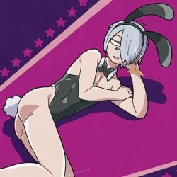 alternate_costume annoyed bowtie bracelet bunny_ears bunny_tail bunnysuit crossdressing detached_collar dilf femboy femboy_dilf gegege_no_kitarou hair_over_one_eye kitarou_tanjou_gegege_no_nazo looking_at_viewer male male_only male_playboy_bunny medama_oyaji_(human) on_side pale-skinned_male pale_skin purple_background solo tbsktbwa toned toned_male white_hair