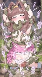 absurdres arms_up blush breasts brown_hair clothing_aside commentary_request cum cum_in_pussy digimon digimon_xros_wars ejaculation fellatio female fukuiii0110 highres long_hair medium_breasts nene_amano nipples oral panties panties_aside purple_eyes restrained solo stomach_bulge tentacle tentacle_sex torn_clothes underwear vaginal_penetration white_panties