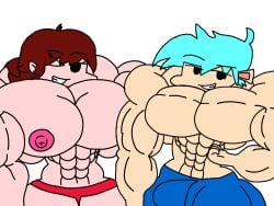 artist_request black_eyes blue_hair blue_shorts boyfriend_(friday_night_funkin) breasts brown_hair female fnf fnf_mods friday_night_funkin girlfriend_(friday_night_funkin) huge_breasts huge_muscles male muscular muscular_female muscular_male nipples nipples_bulge red_panties white_background