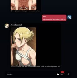 1boy ai_generated annie_leonhardt attack_on_titan bare_shoulders blonde_hair blowjob blue_eyes blush breasts breasts_outside censored clothed_female_nude_male collarbone covered_nipples cum cum_in_mouth earrings erection fellatio female folded_ponytail grey_eyes jewelry large_breasts lips male_pubic_hair medium_breasts mosaic_censoring nipples no_bra nude one_breast_out oral overflow penis pubic_hair saliva shingeki_no_kyojin shirt_lift short_hair short_ponytail solo_focus straight tank_top testicles uncensored veins veiny_penis wooden_floor