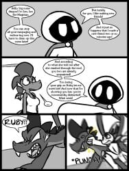 2025 amphibian anthro armor big_penis bottomless breastplate brother_(lore) brother_and_sister_(lore) cape caspar_(ultilix) clothed clothing comic dialogue dragon ellipsis emerald_(ultilix) english_text european_mythology fangs female feral fist flaccid frog genitals greyscale group hair knee_pads larger_feral larger_male leo_the_magician looking_up male monochrome motion_blur mouthless mythological_creature mythological_scalie mythology no_pupils onomatopoeia penis punch robe ruby_(ultilix) scalie shadow_creature sharp_teeth shirt shoulder_pads sibling_(lore) sister_(lore) size_difference smaller_anthro smaller_female smaller_male sound_effects speech_bubble spot_color tank_top teeth text topwear ultilix western_dragon