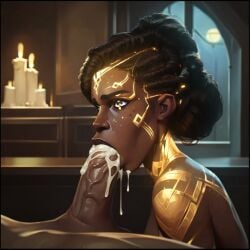 ai_generated arcane black_body blowjob braids cum gold_jewelry golden_eyes mel mel_medarda sloppy_blowjob tan_body